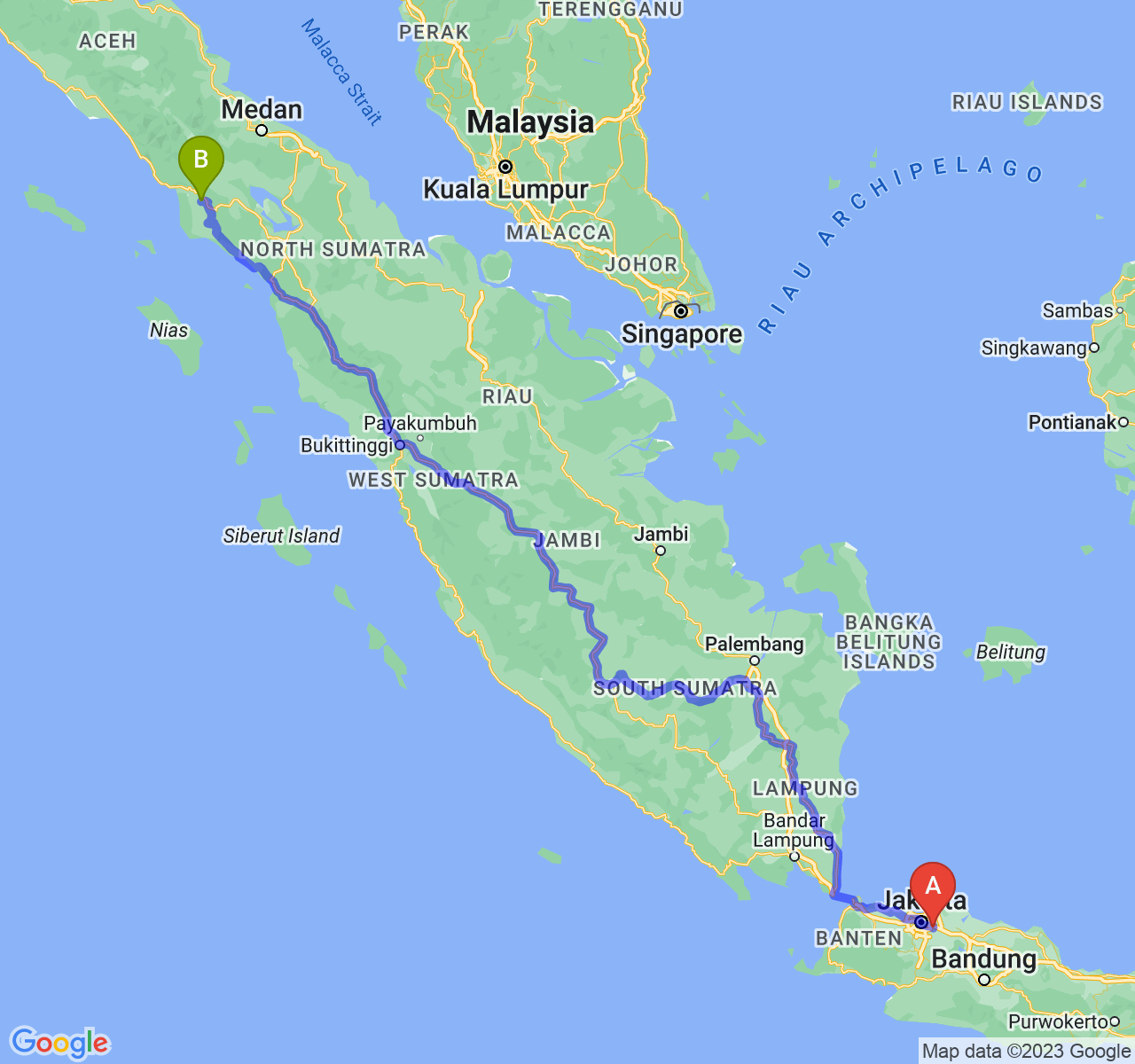 perjalanan dengan rute Kota Bekasi-Kota Subulussalam