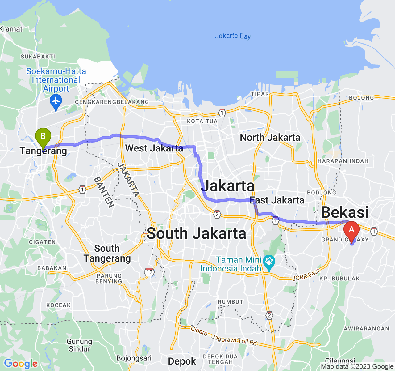 perjalanan dengan rute Kota Bekasi-Kota Tangerang