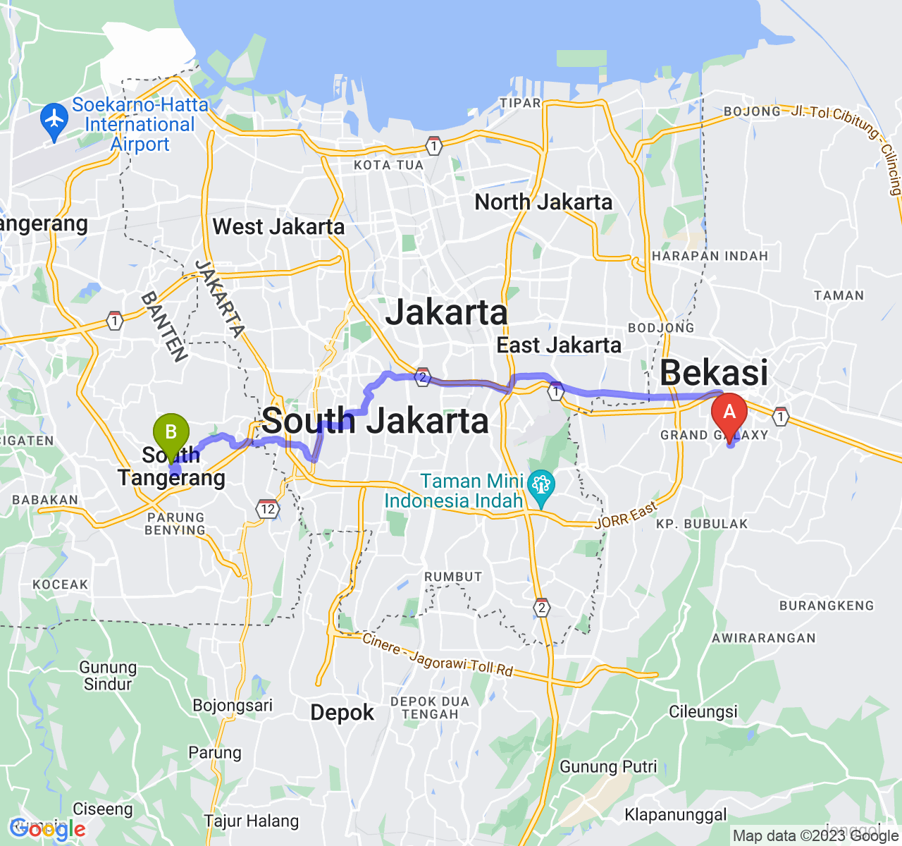 perjalanan dengan rute Kota Bekasi-Kota Tangerang Selatan