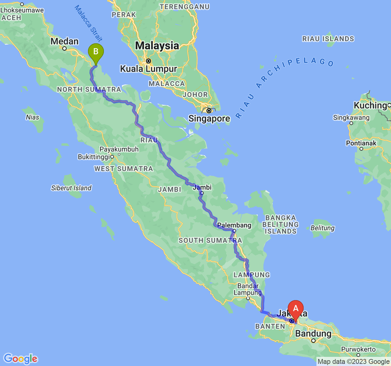 perjalanan dengan rute Kota Bekasi-Kota Tanjung Balai