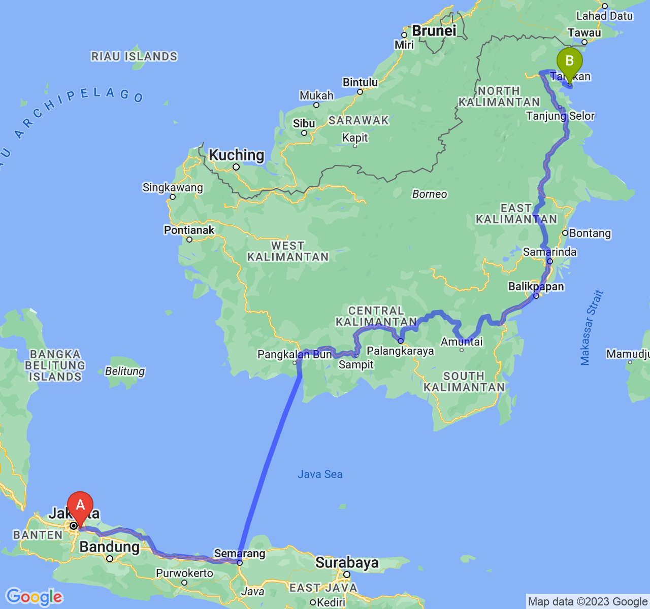 perjalanan dengan rute Kota Bekasi-Kota Tarakan