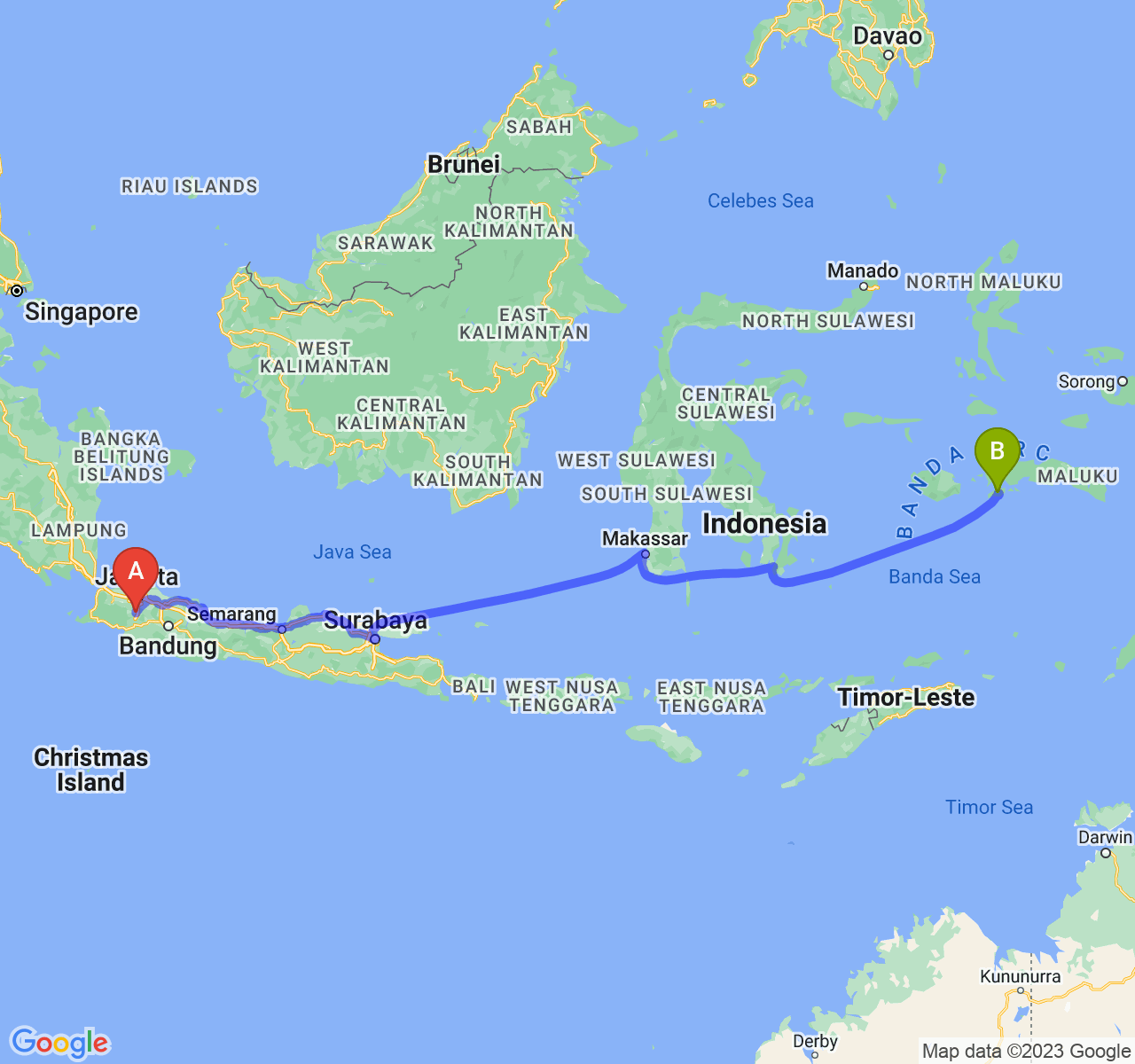 perjalanan dengan rute Kota Bogor-Kota Ambon