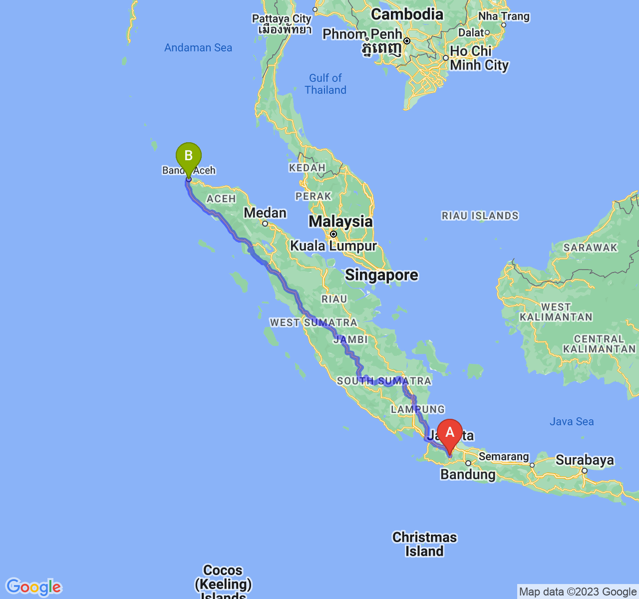 perjalanan dengan rute Kota Bogor-Kota Banda Aceh