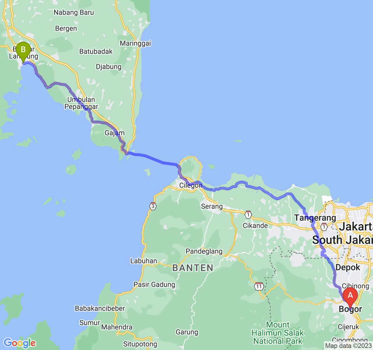 perjalanan dengan rute Kota Bogor-Kota Bandar Lampung