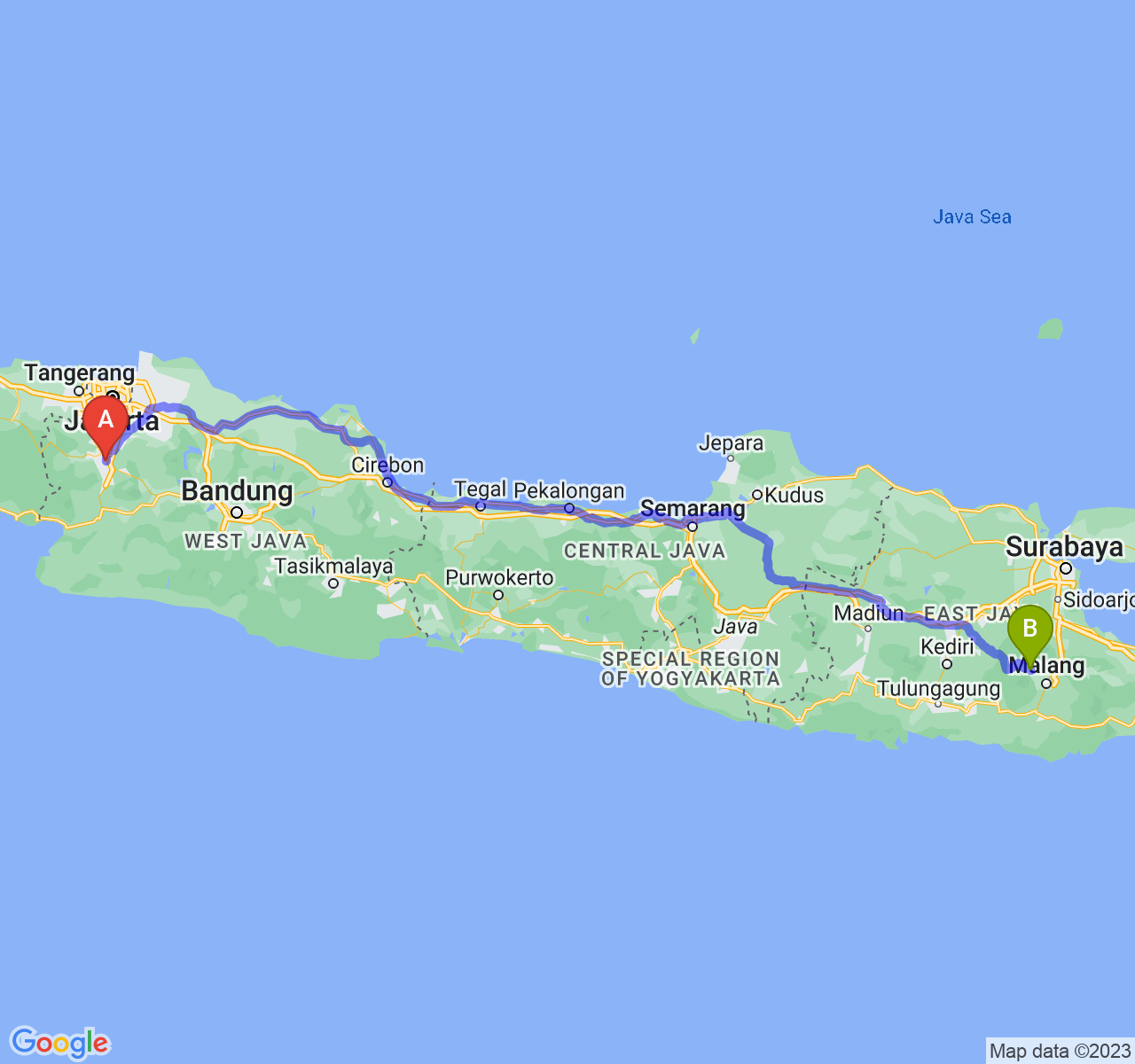 perjalanan dengan rute Kota Bogor-Kota Batu