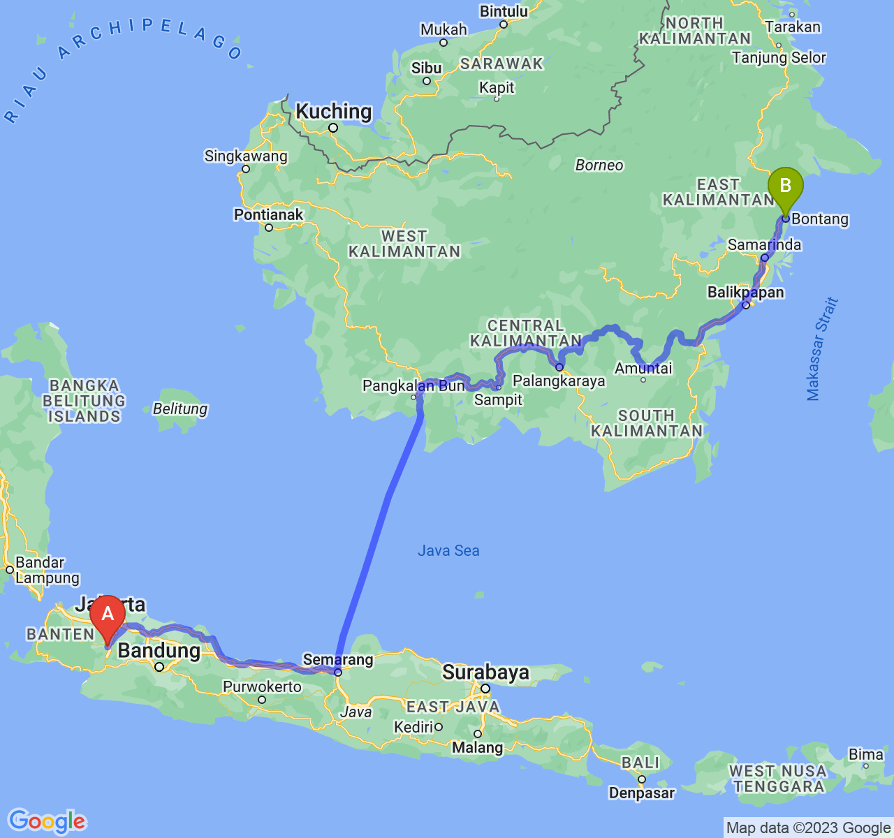 perjalanan dengan rute Kota Bogor-Kota Bontang