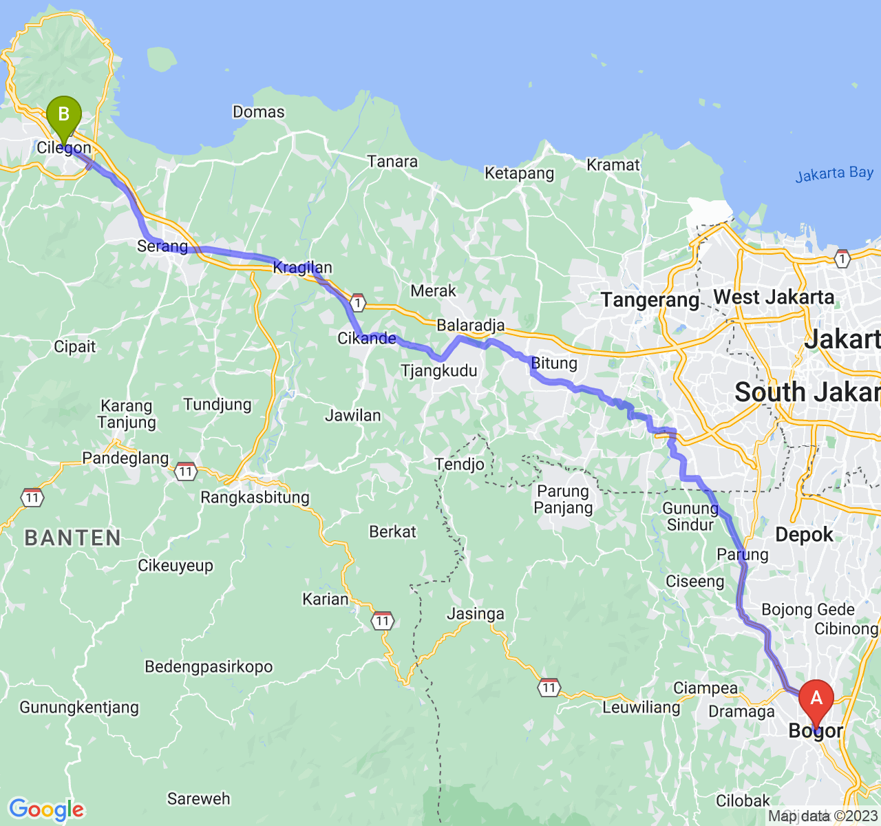 perjalanan dengan rute Kota Bogor-Kota Cilegon