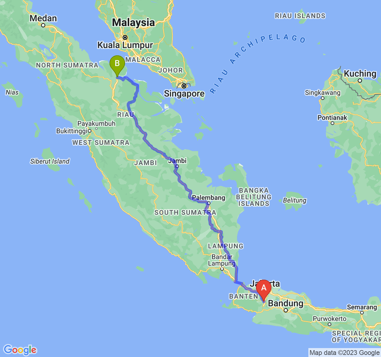 perjalanan dengan rute Kota Bogor-Kota Dumai