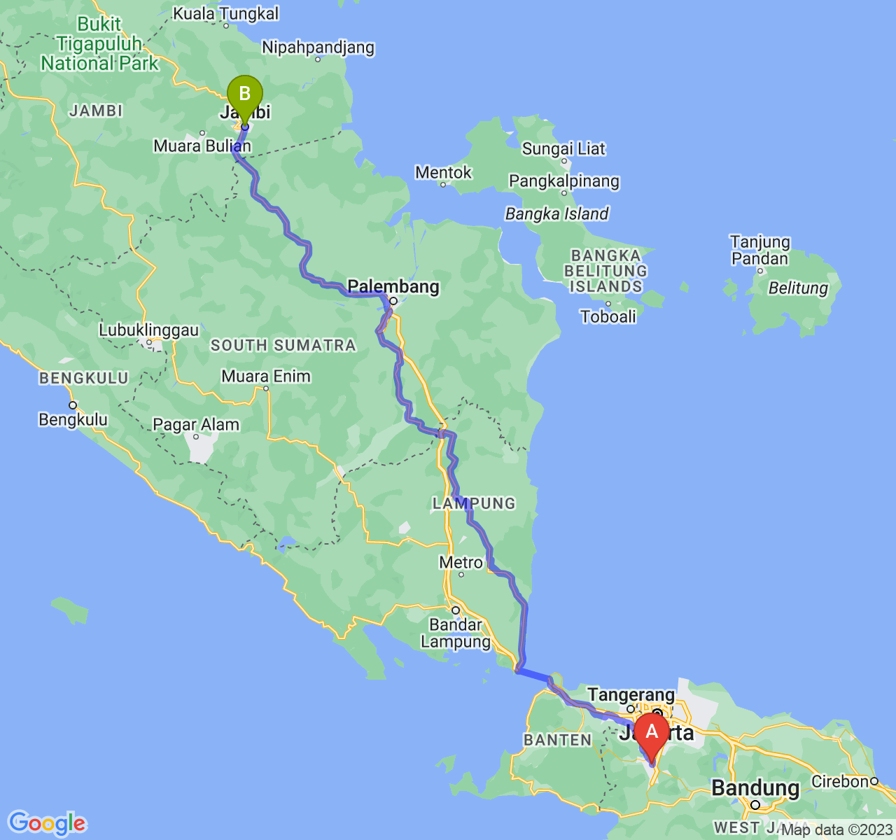 perjalanan dengan rute Kota Bogor-Kota Jambi