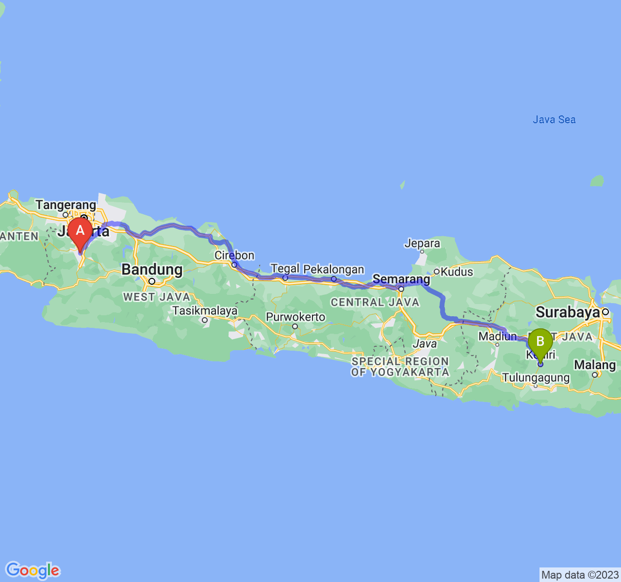 perjalanan dengan rute Kota Bogor-Kota Kediri