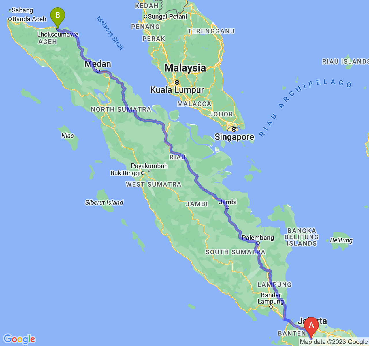 perjalanan dengan rute Kota Bogor-Kota Lhokseumawe