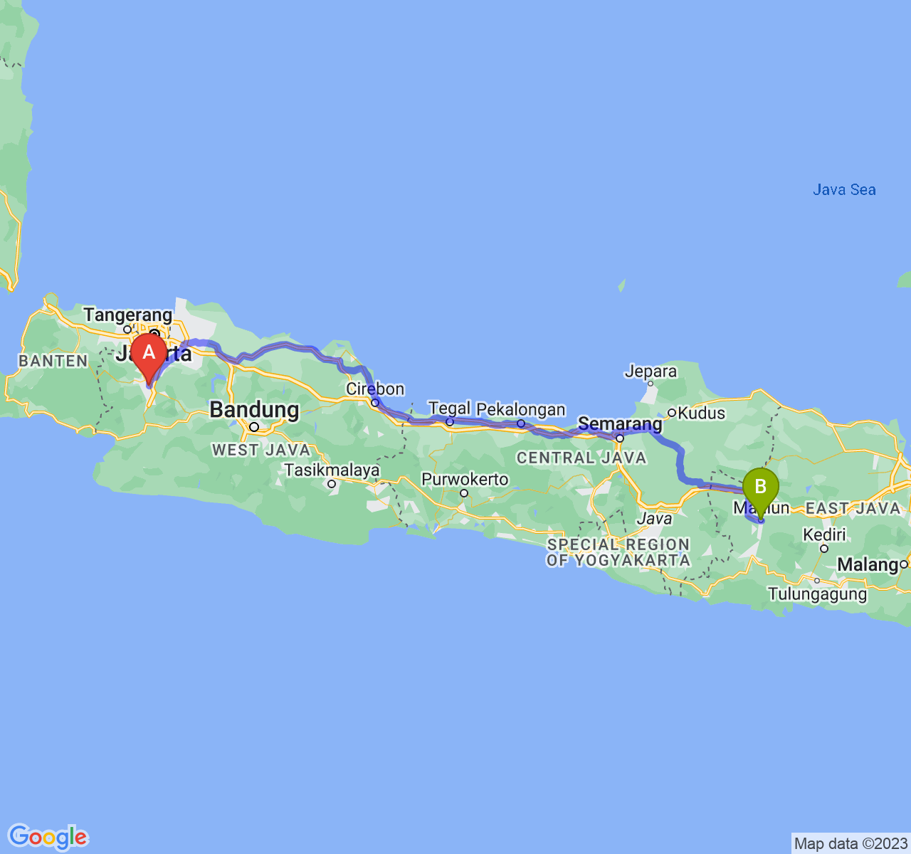 perjalanan dengan rute Kota Bogor-Kota Madiun