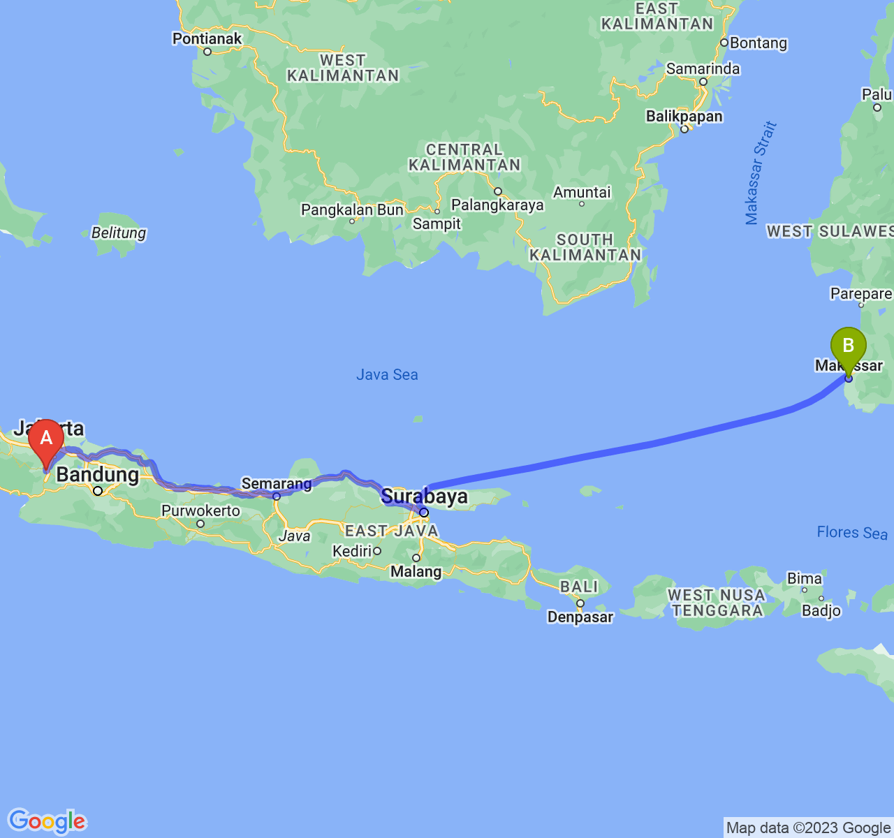 perjalanan dengan rute Kota Bogor-Kota Makassar