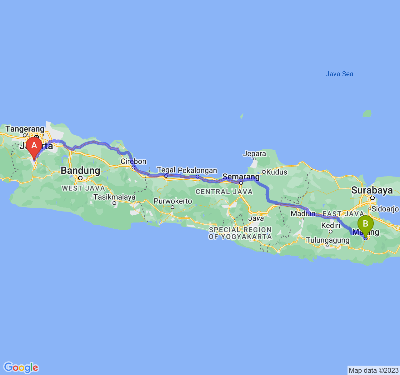 perjalanan dengan rute Kota Bogor-Kota Malang