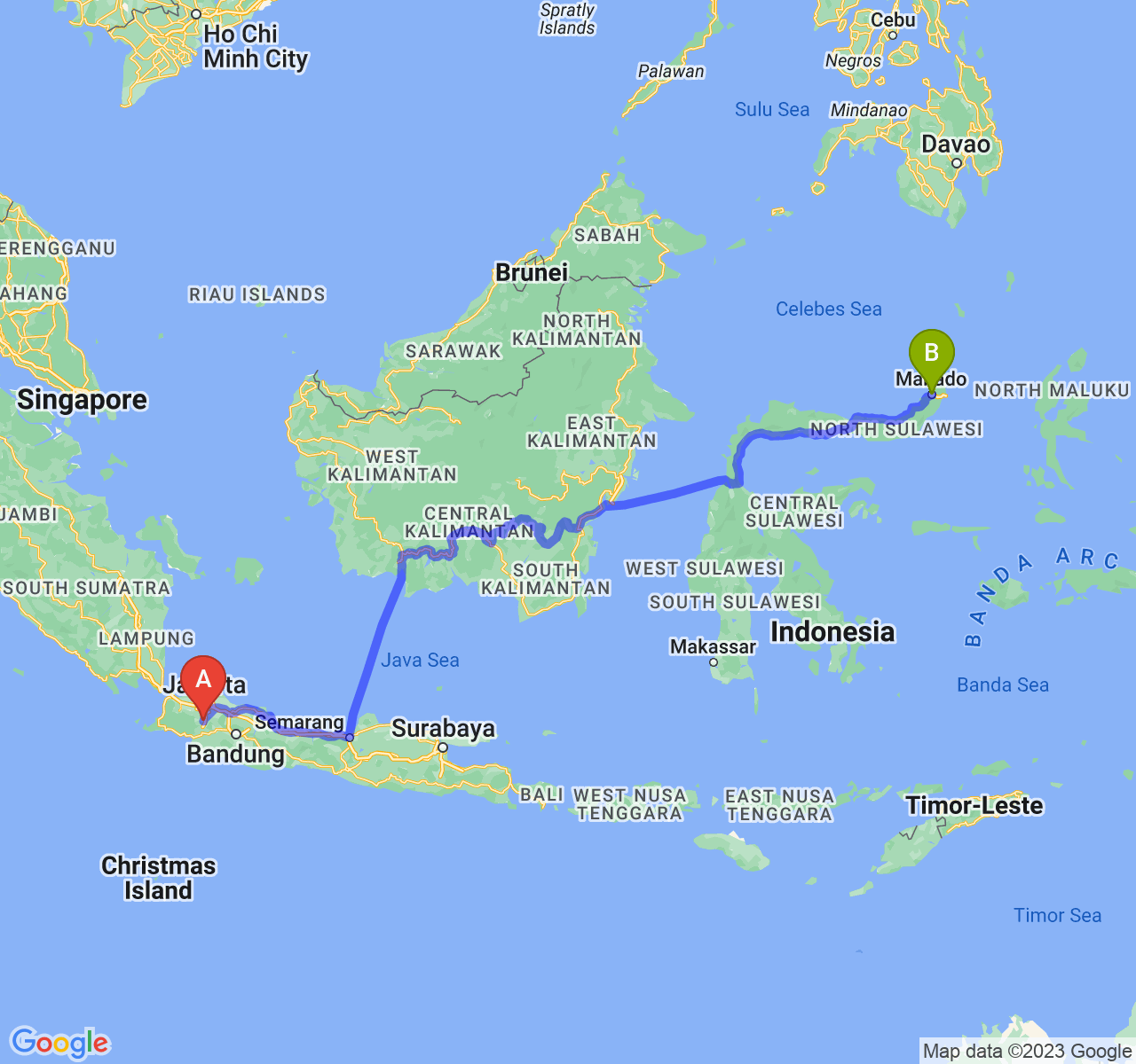 perjalanan dengan rute Kota Bogor-Kota Manado