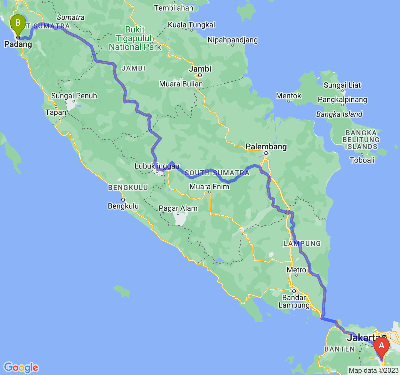 perjalanan dengan rute Kota Bogor-Kota Padang