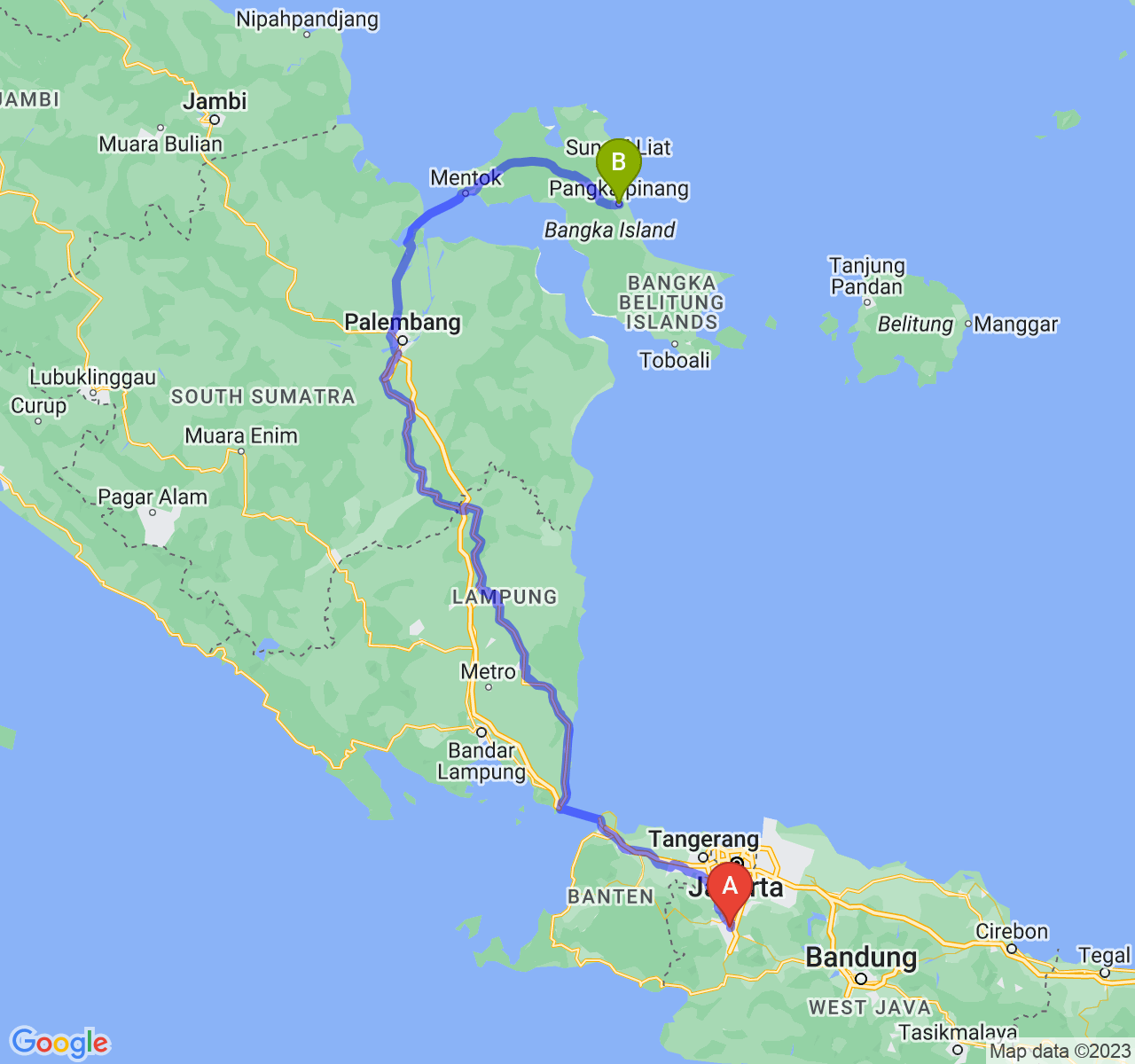 perjalanan dengan rute Kota Bogor-Kota Pangkalpinang