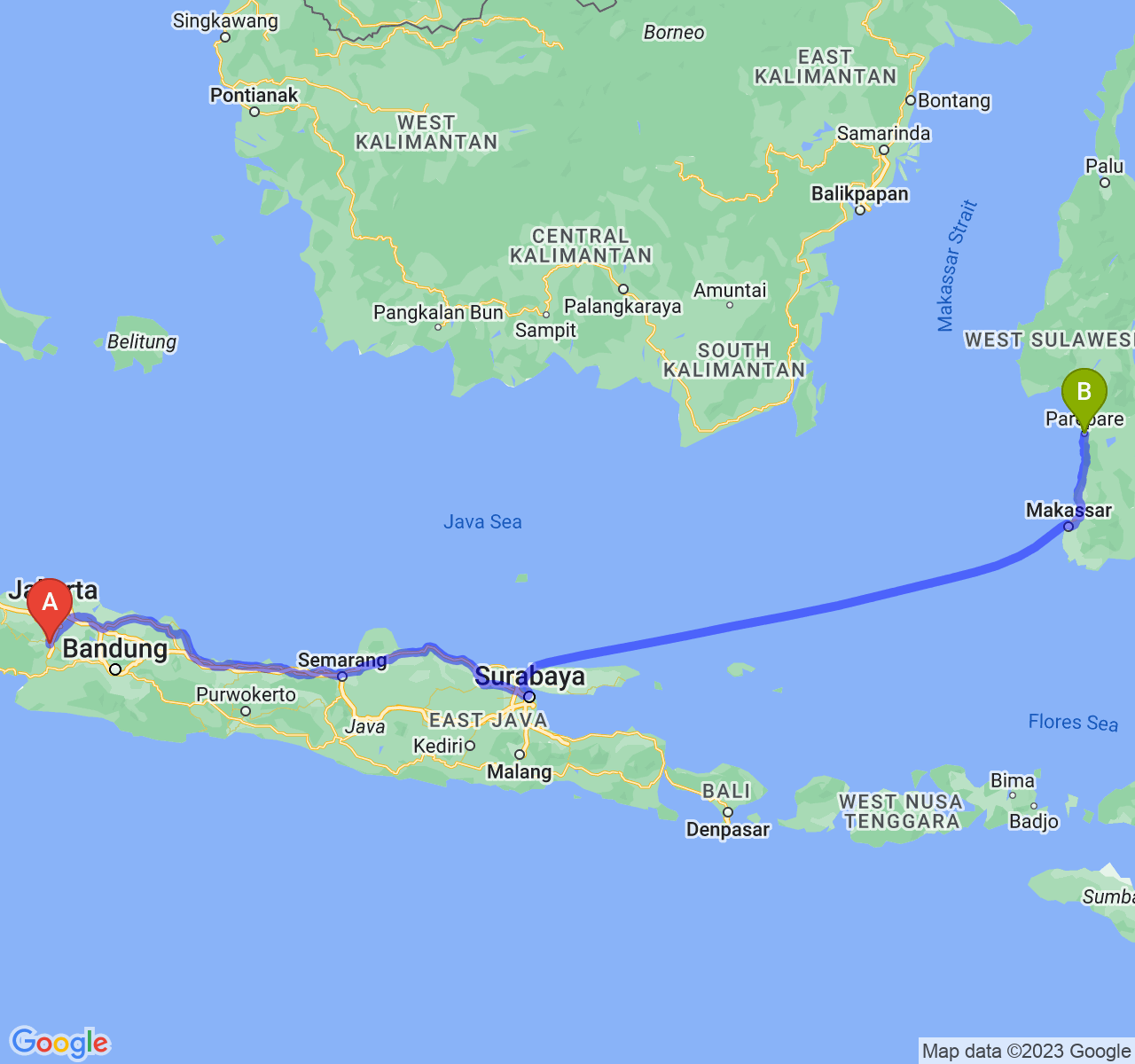 perjalanan dengan rute Kota Bogor-Kota Parepare