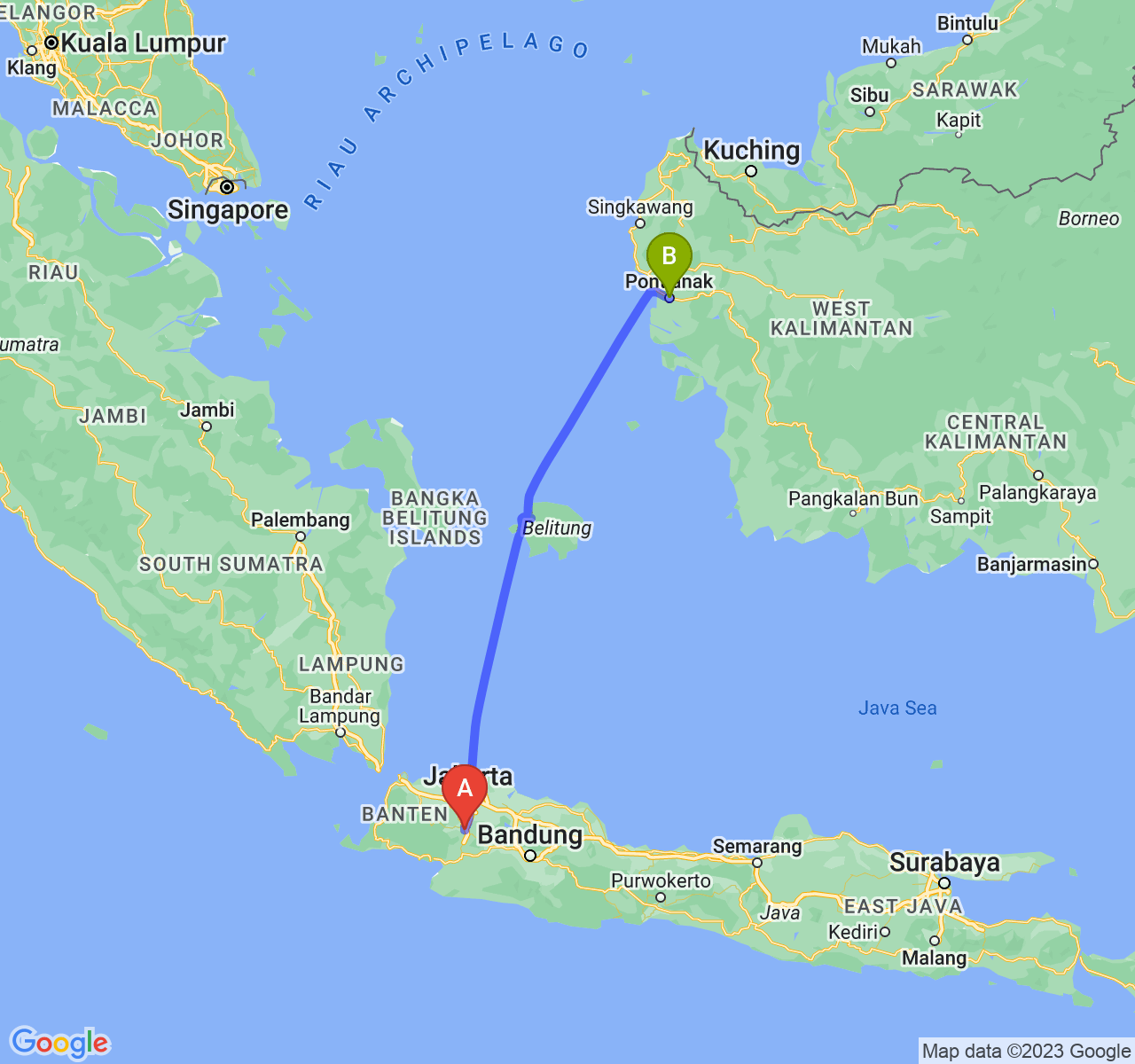 perjalanan dengan rute Kota Bogor-Kota Pontianak