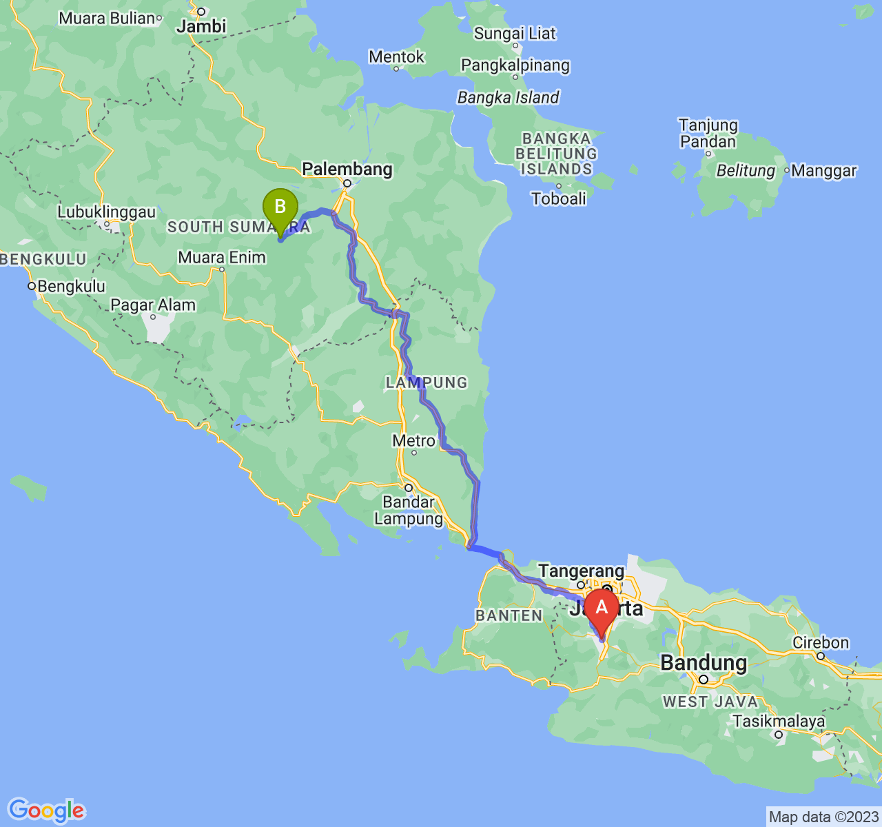 perjalanan dengan rute Kota Bogor-Kota Prabumulih