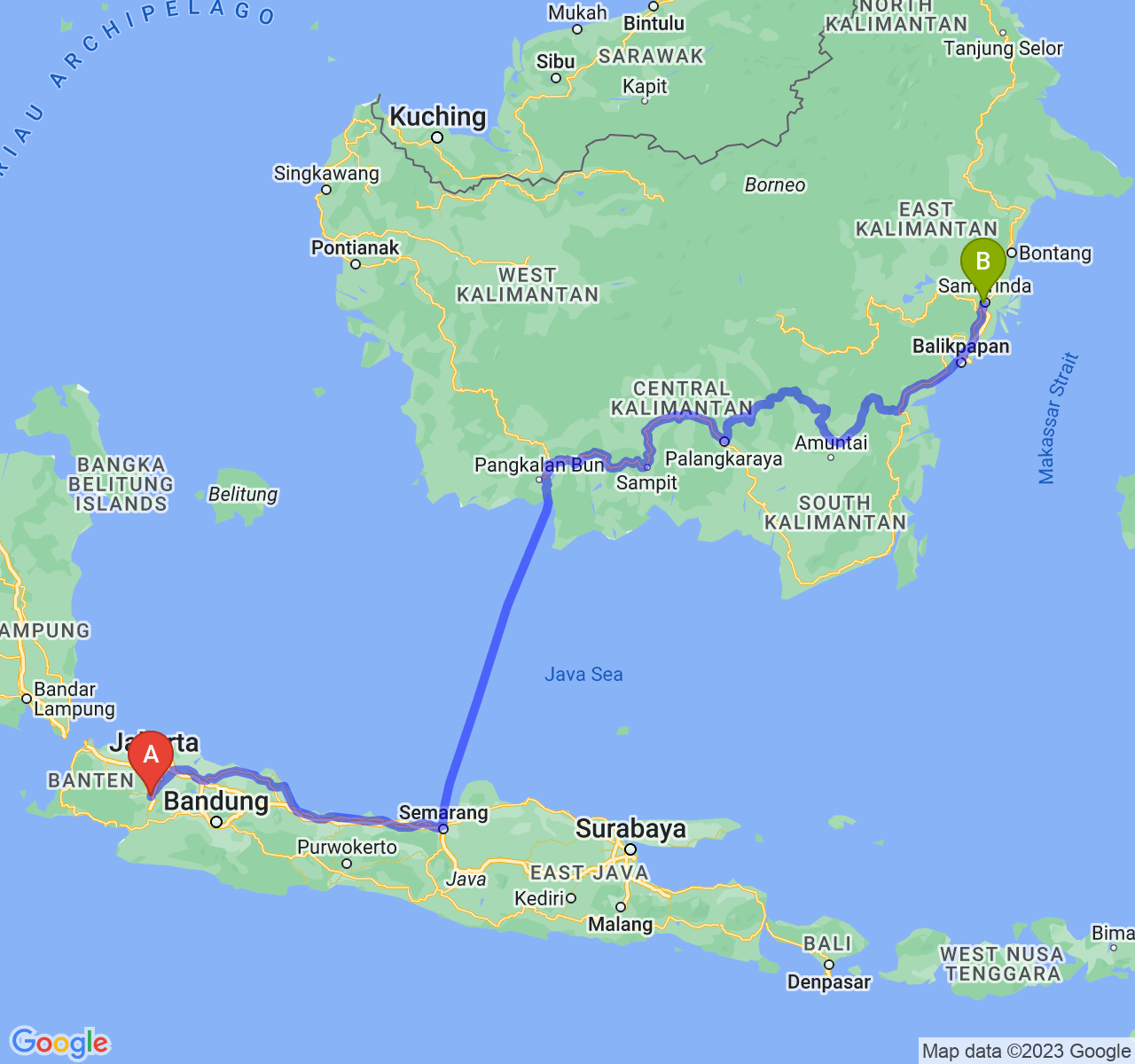 perjalanan dengan rute Kota Bogor-Kota Samarinda