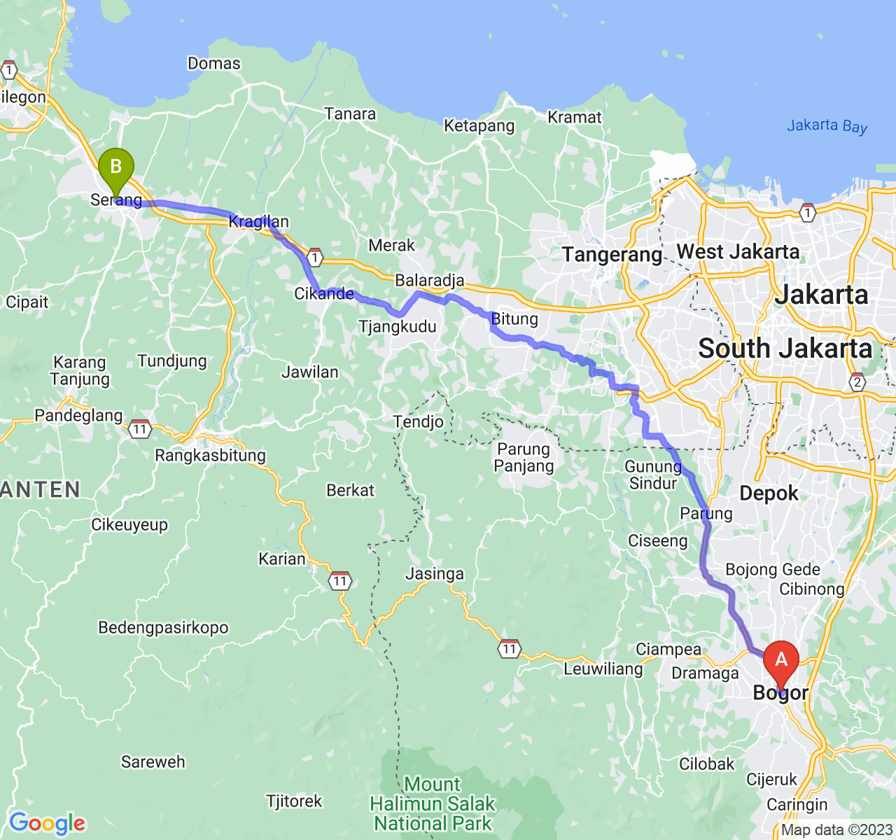 perjalanan dengan rute Kota Bogor-Kota Serang