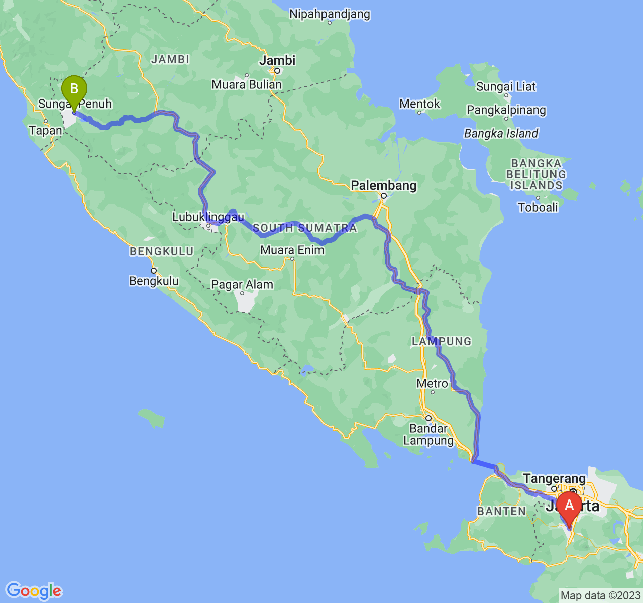 perjalanan dengan rute Kota Bogor-Kota Sungai Penuh