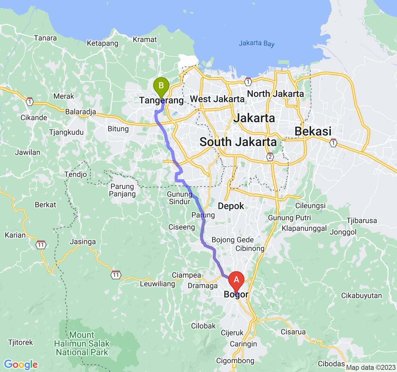 perjalanan dengan rute Kota Bogor-Kota Tangerang