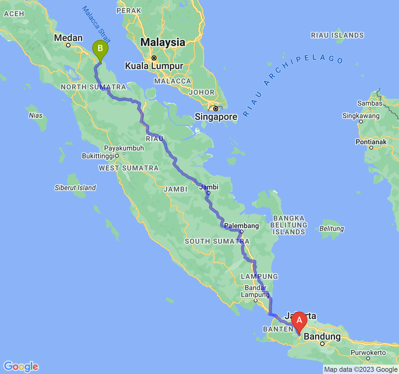 perjalanan dengan rute Kota Bogor-Kota Tanjung Balai