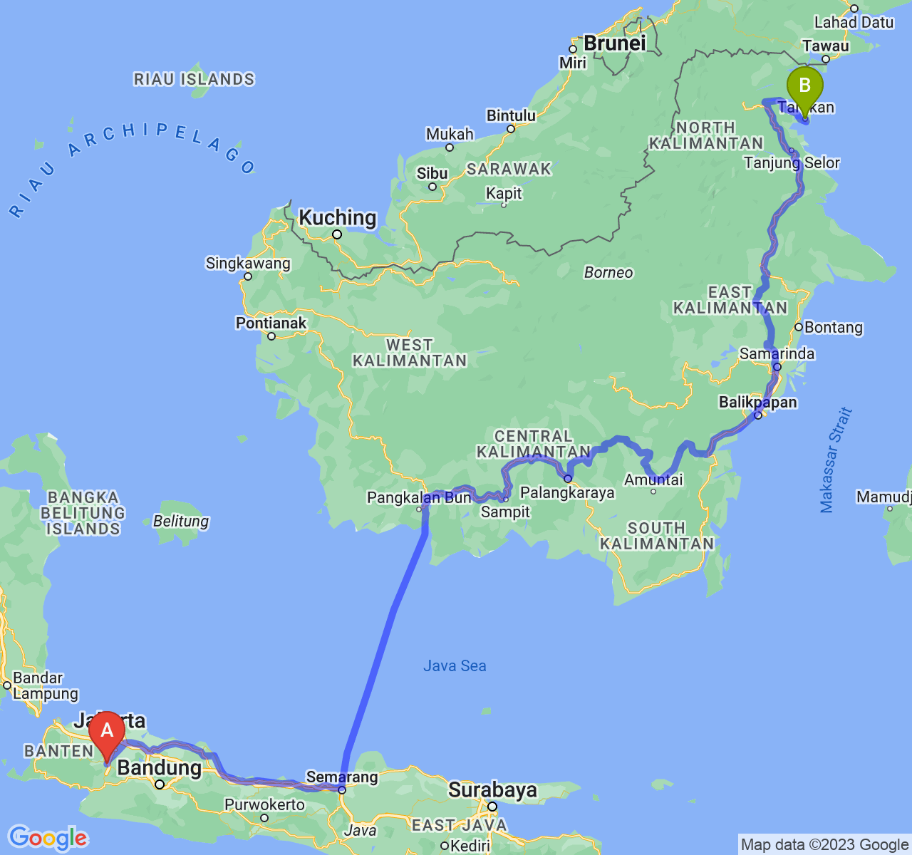 perjalanan dengan rute Kota Bogor-Kota Tarakan