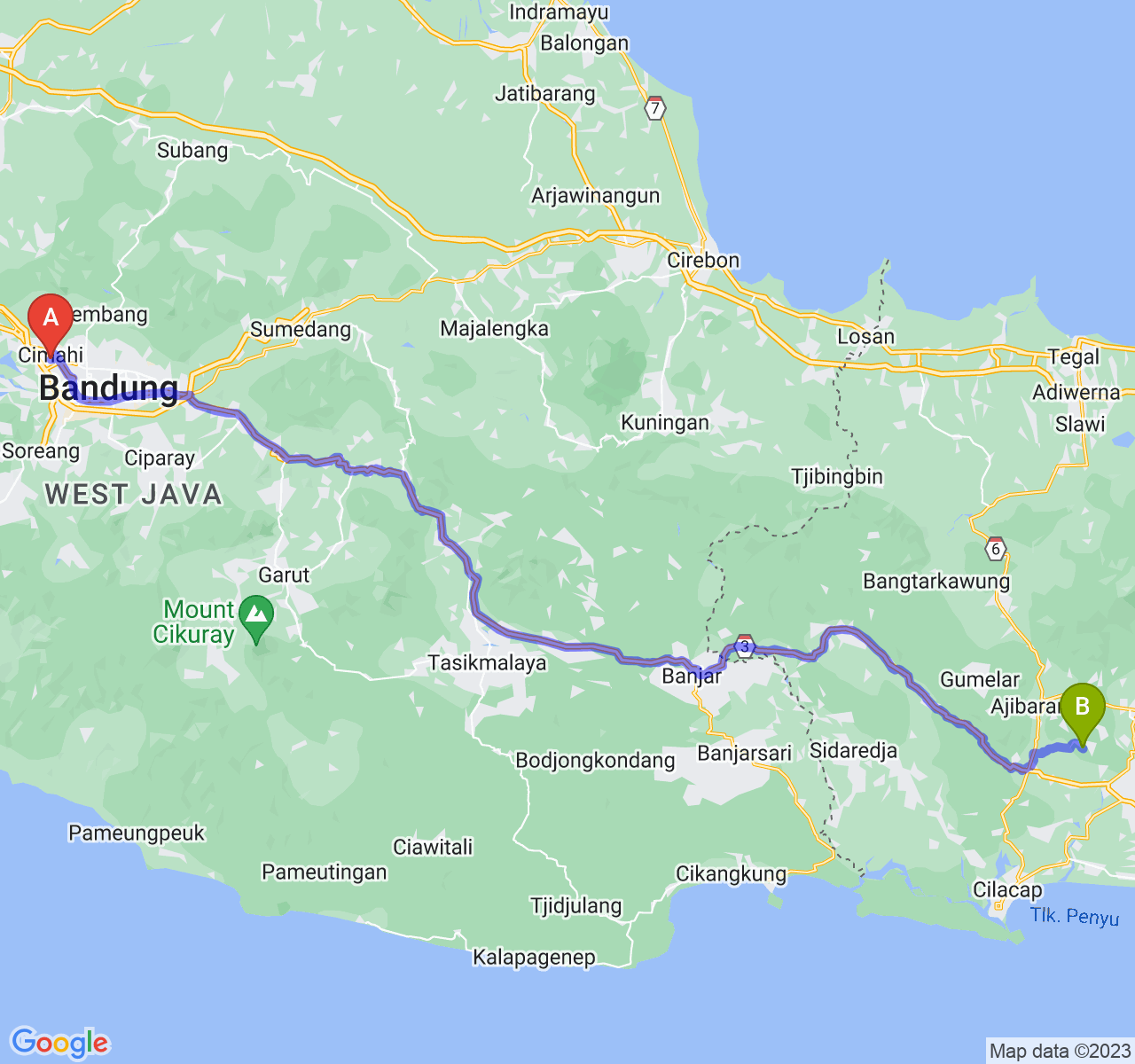 perjalanan dengan rute Kota Cimahi-Kab. Banyumas