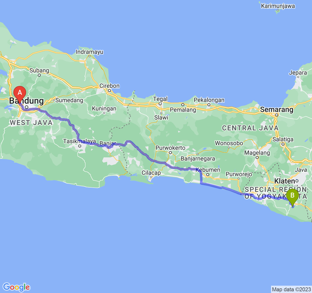 perjalanan dengan rute Kota Cimahi-Kab. Gunung Kidul