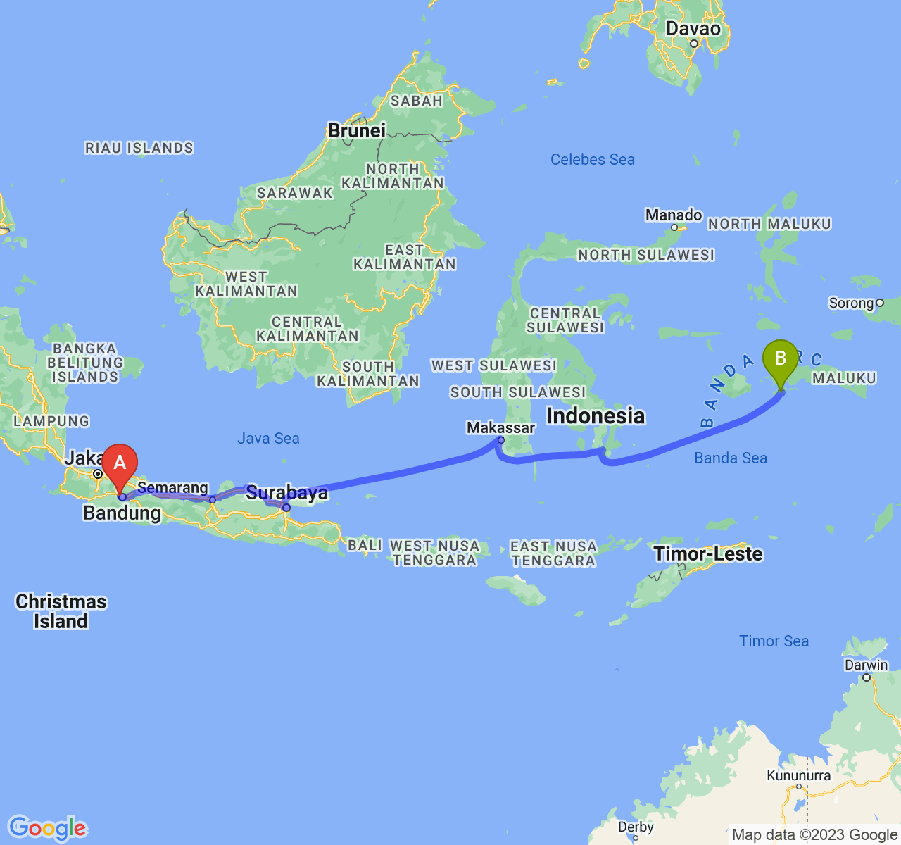 perjalanan dengan rute Kota Cimahi-Kota Ambon