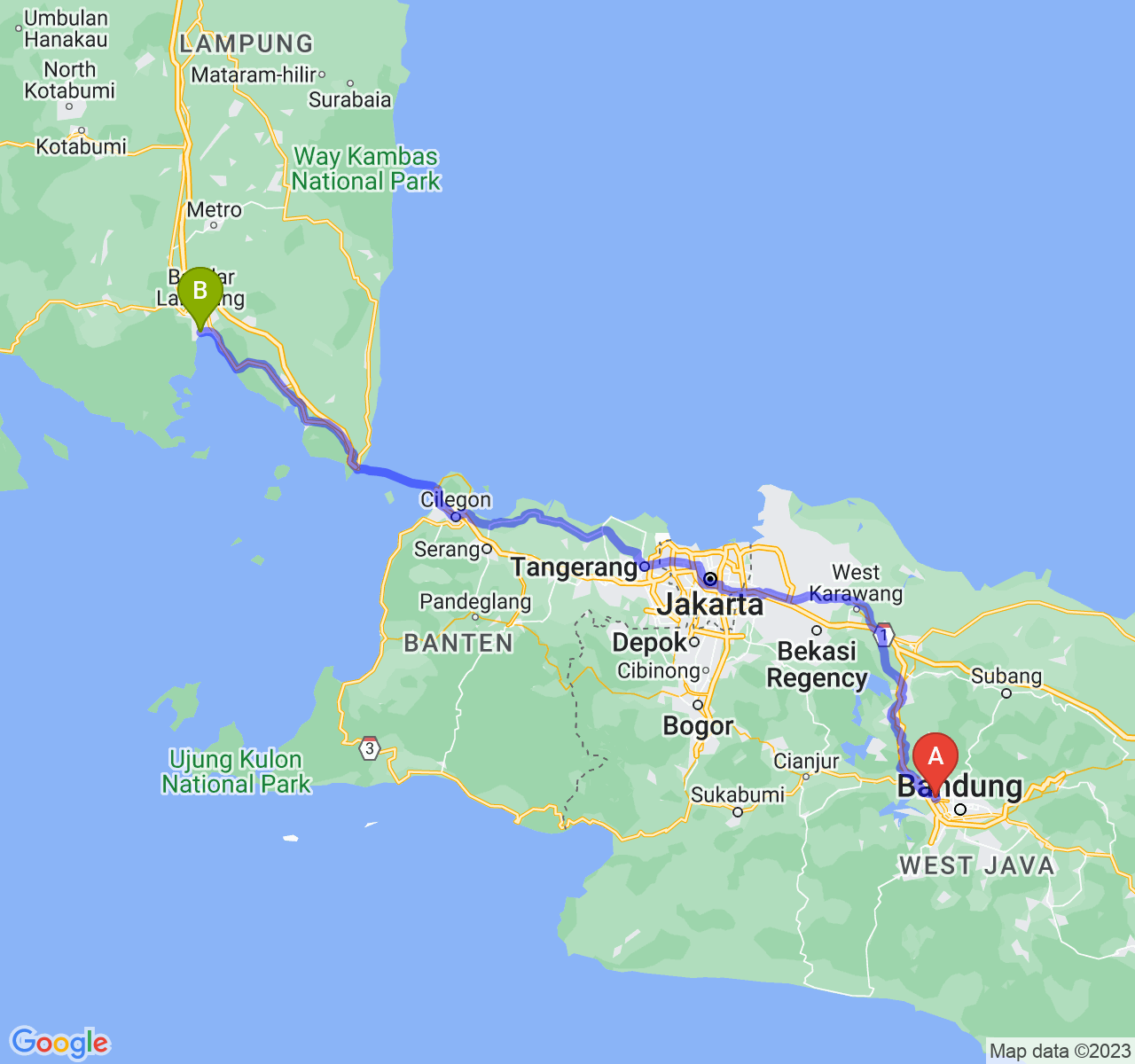 perjalanan dengan rute Kota Cimahi-Kota Bandar Lampung