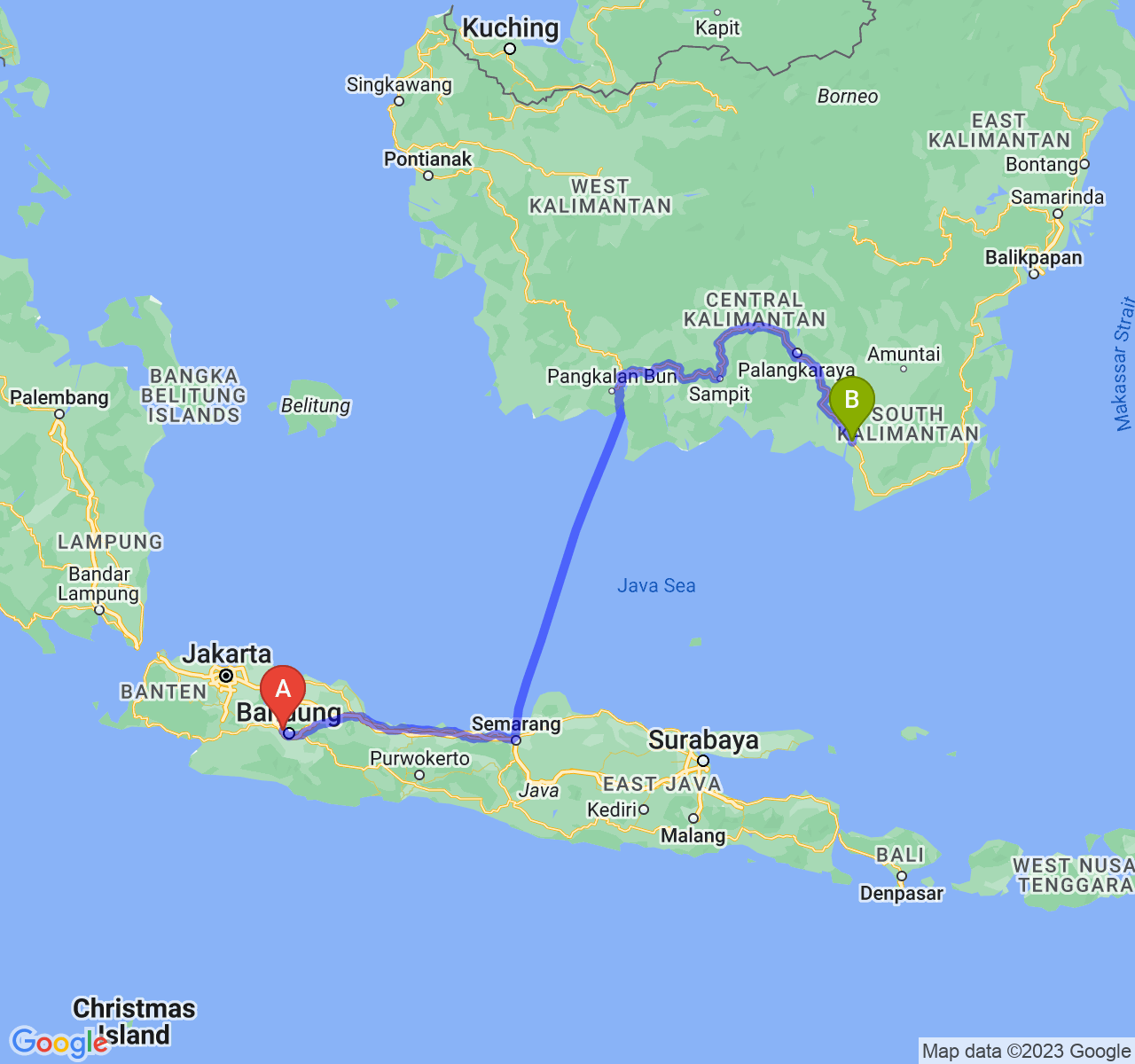 perjalanan dengan rute Kota Cimahi-Kota Banjarmasin