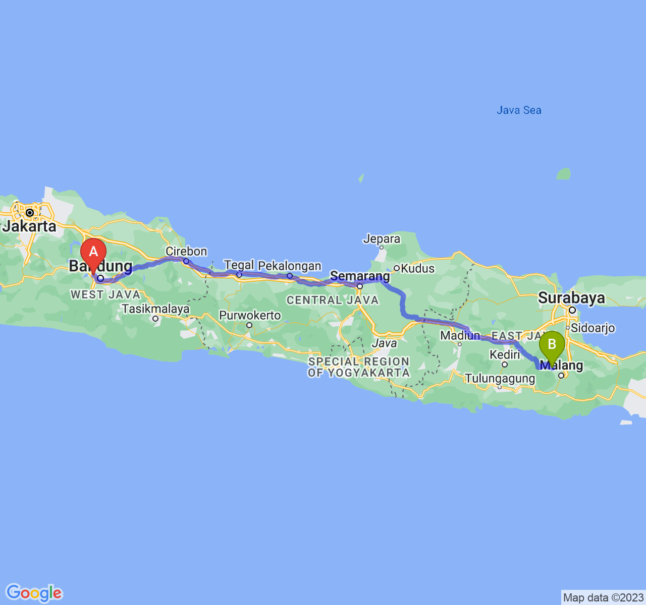 perjalanan dengan rute Kota Cimahi-Kota Batu