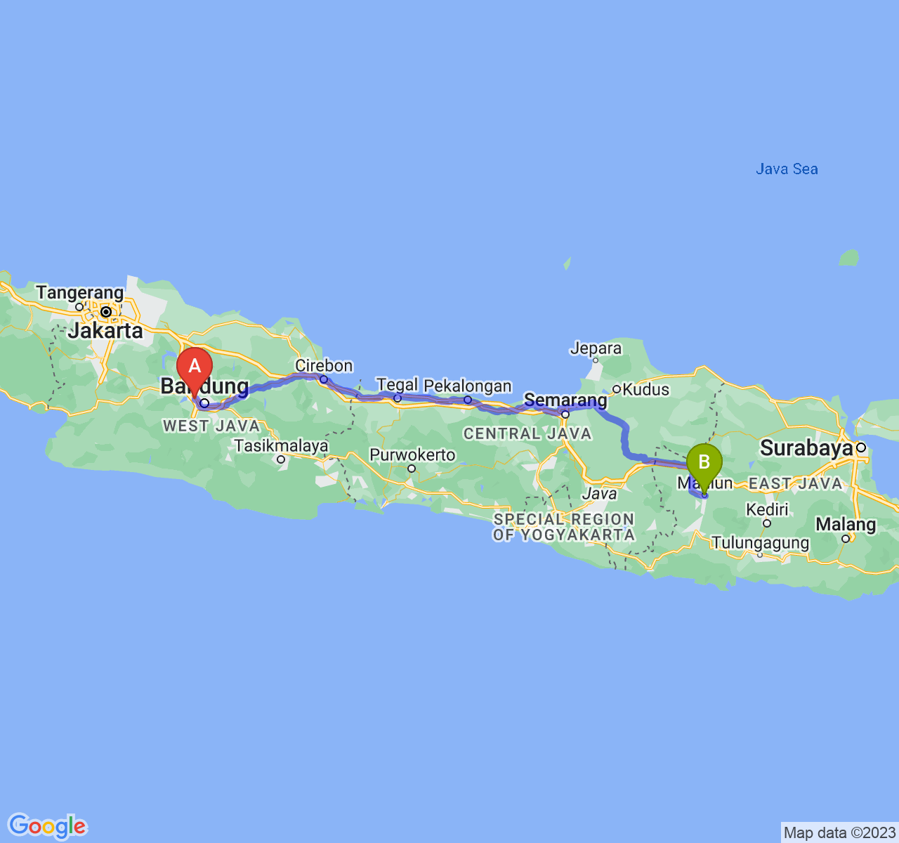 perjalanan dengan rute Kota Cimahi-Kota Madiun