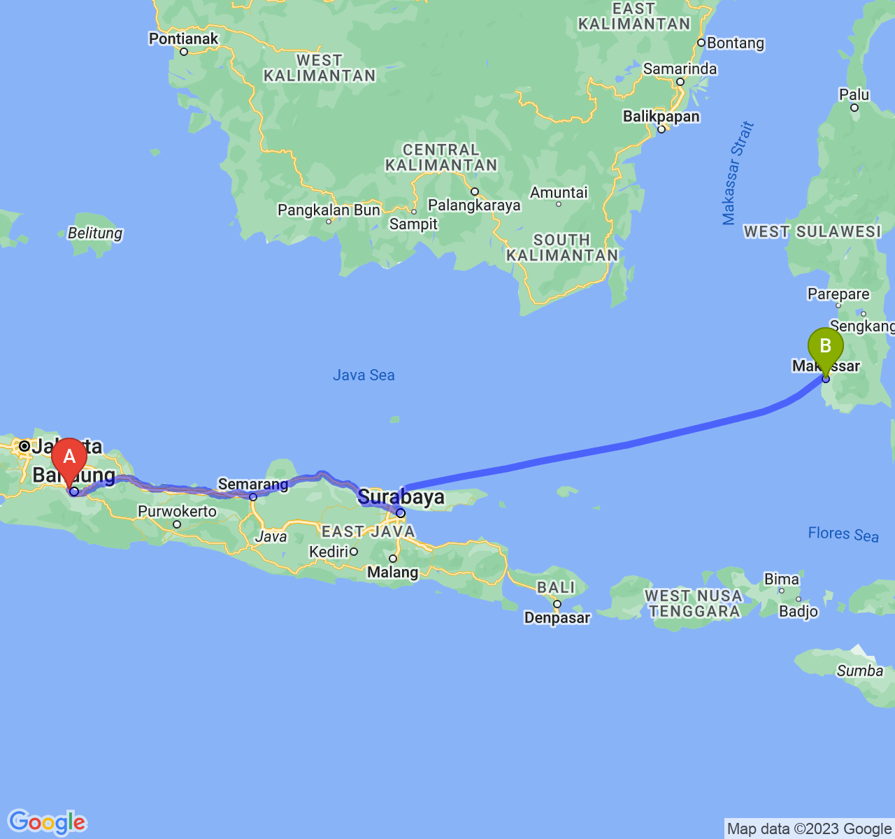 perjalanan dengan rute Kota Cimahi-Kota Makassar