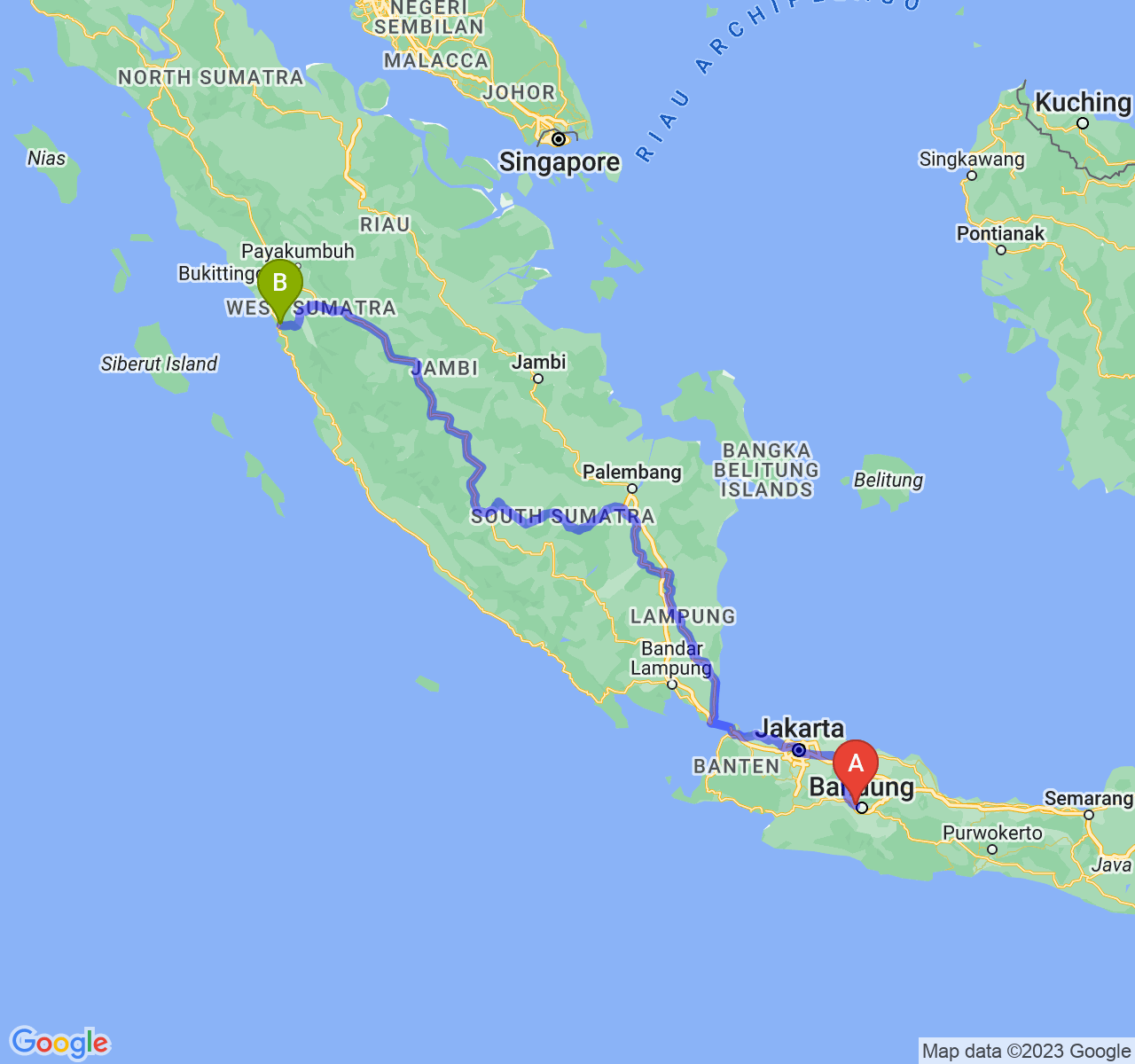 perjalanan dengan rute Kota Cimahi-Kota Padang