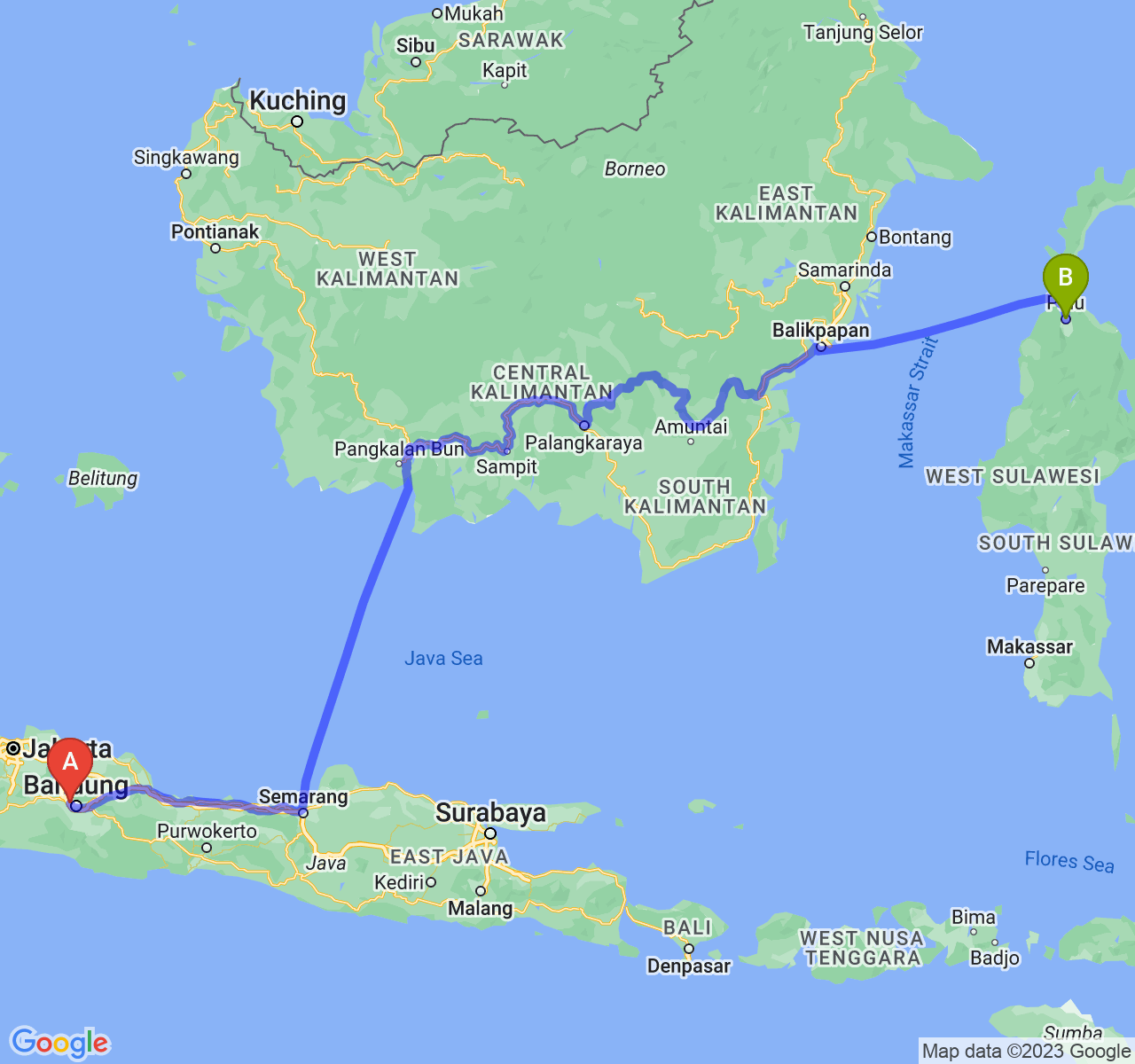 perjalanan dengan rute Kota Cimahi-Kota Palu