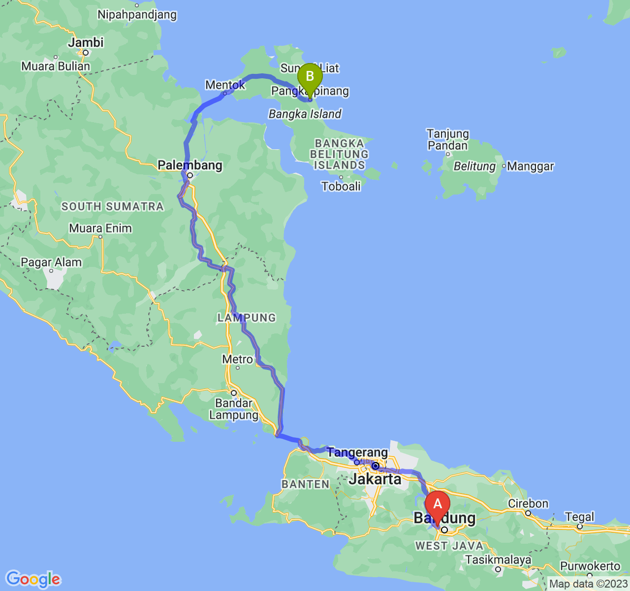 perjalanan dengan rute Kota Cimahi-Kota Pangkalpinang