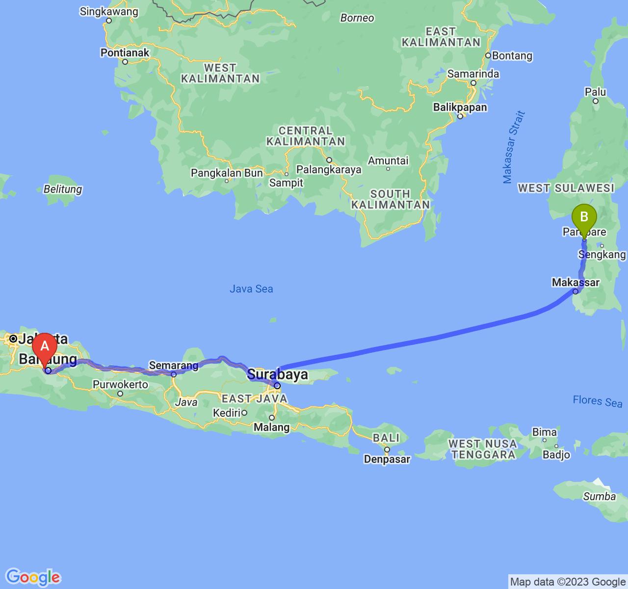 perjalanan dengan rute Kota Cimahi-Kota Parepare