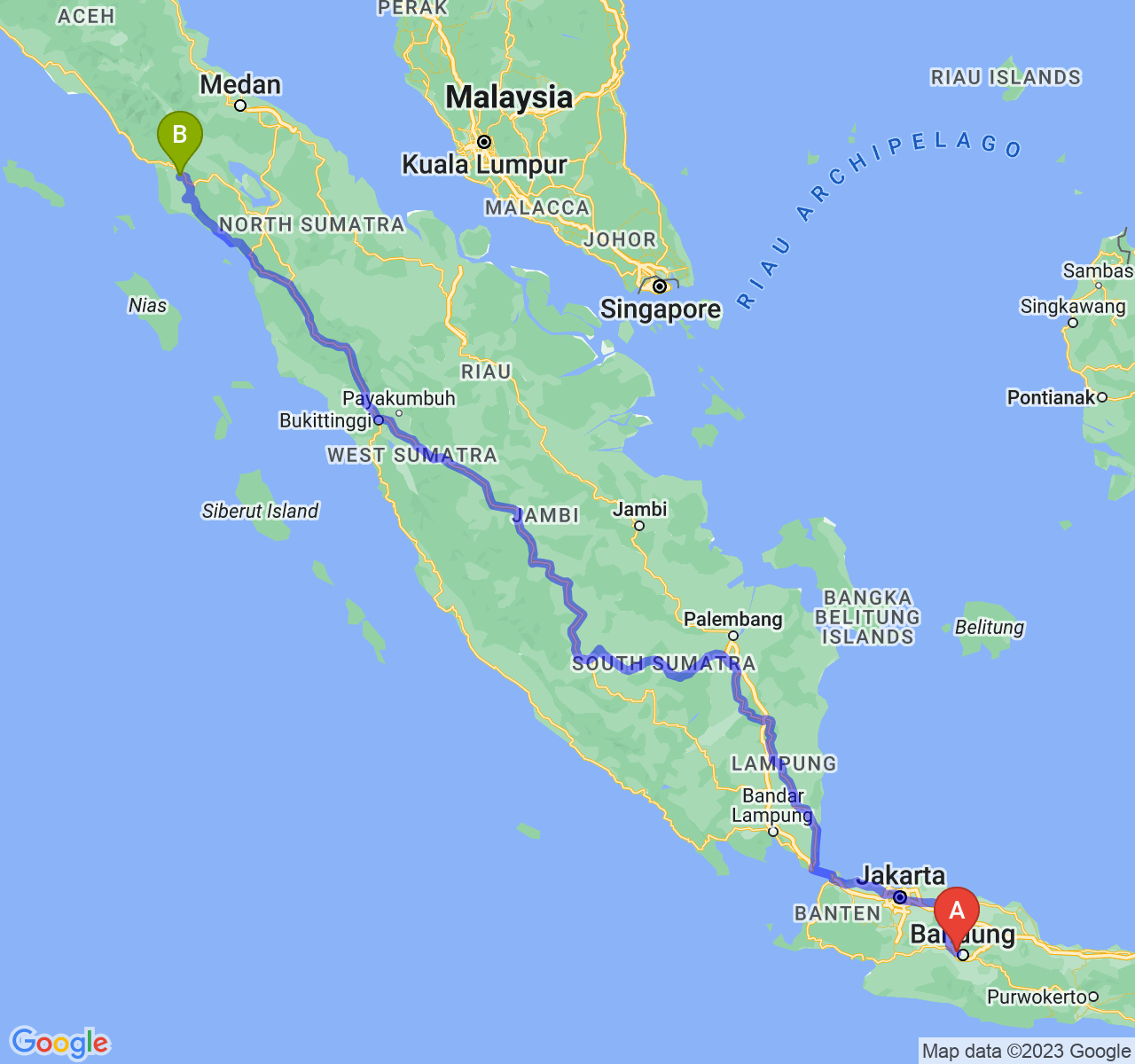 perjalanan dengan rute Kota Cimahi-Kota Subulussalam