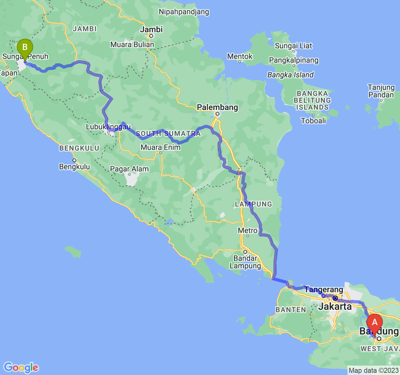 perjalanan dengan rute Kota Cimahi-Kota Sungai Penuh