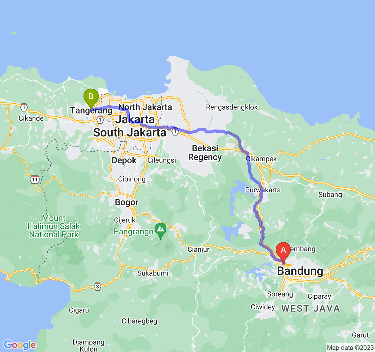 perjalanan dengan rute Kota Cimahi-Kota Tangerang