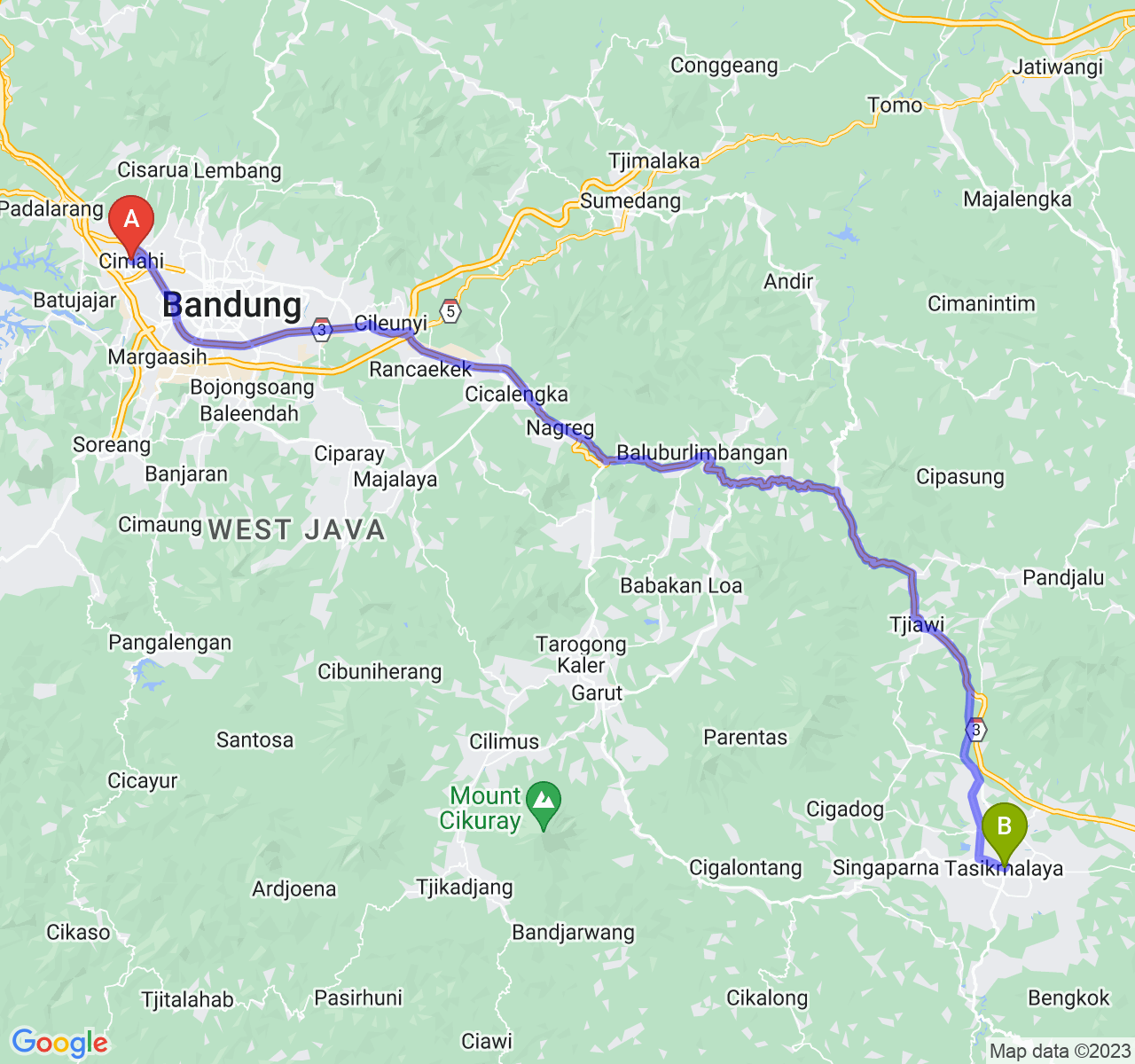 perjalanan dengan rute Kota Cimahi-Kota Tasikmalaya