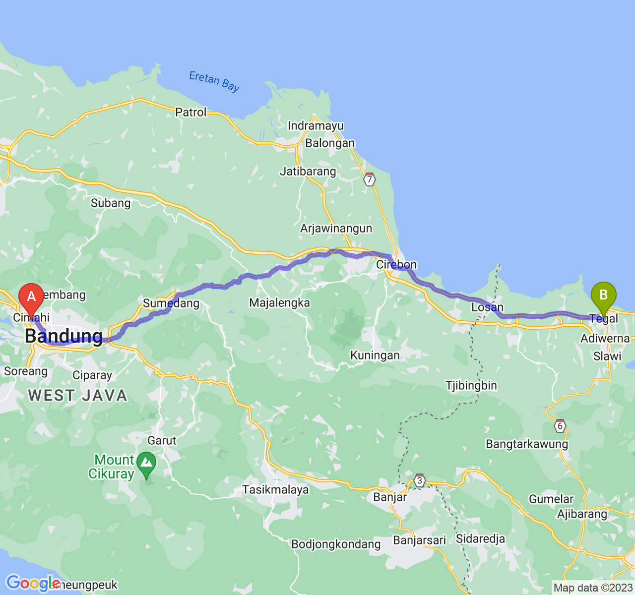 perjalanan dengan rute Kota Cimahi-Kota Tegal