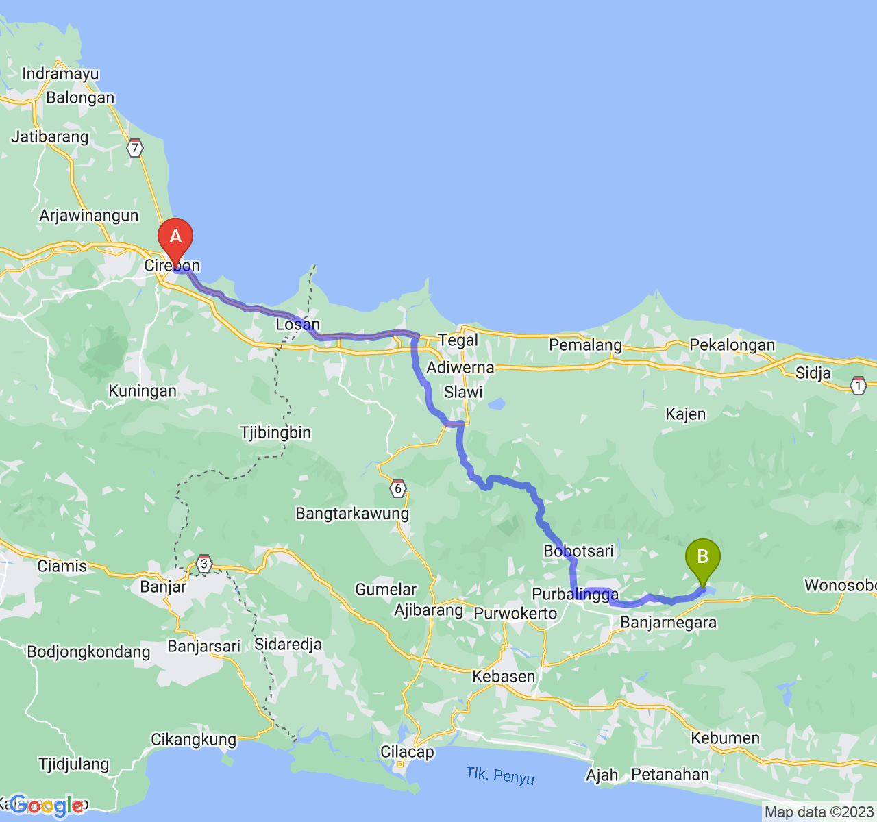 perjalanan dengan rute Kota Cirebon-Kab. Banjarnegara