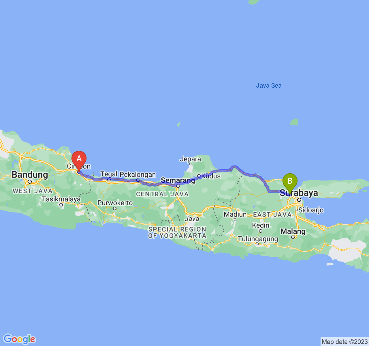 perjalanan dengan rute Kota Cirebon-Kab. Gresik