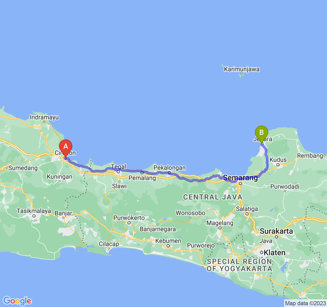 perjalanan dengan rute Kota Cirebon-Kab. Jepara